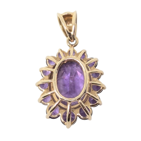 14kt Vintage Solid Yellow Gold Amethyst Oval Round Cluster Pendant - Picture 6 of 11